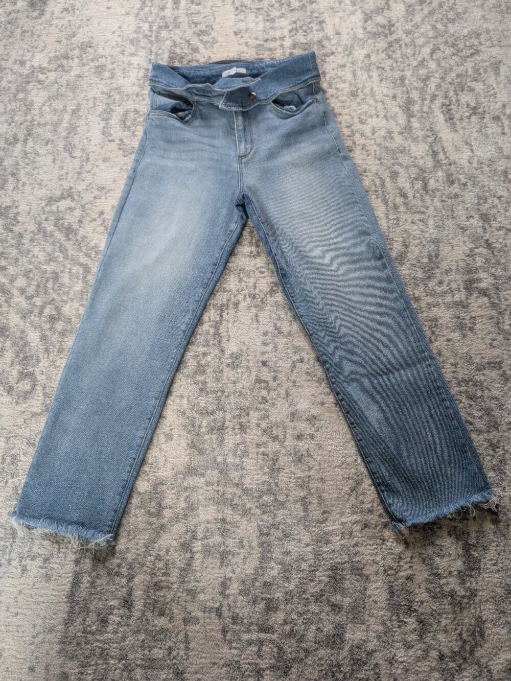 STS Blue Fold Over Waist Cropped Wide Leg Jeans Raw Hem Light Wash Size 27